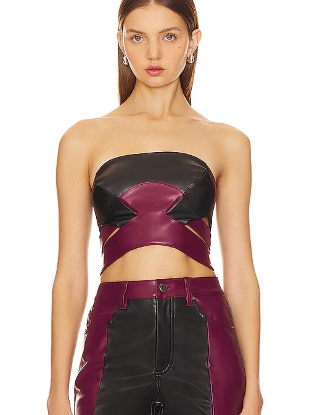 AFRM Plum and Black Strapless Faux Leather Crop Top